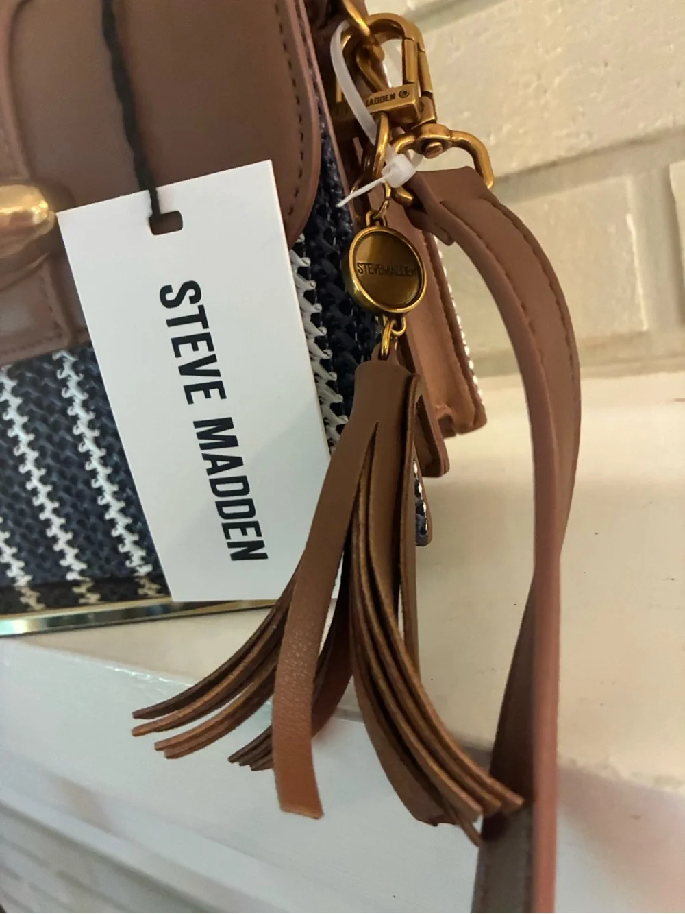 Steve Madden Brown and Navy Woven Style Top-Handle Satchel Crossbody with Tassel - Picture 3 of 16